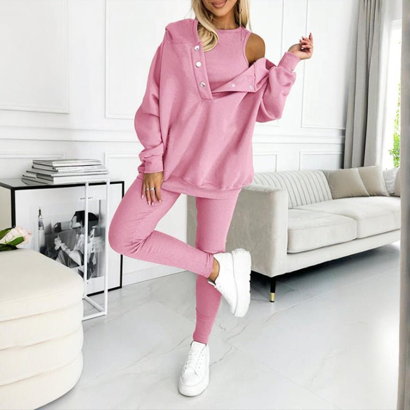 Women’s solid color three-piece casualwear set by FitiqueFit, featuring a top, bottoms, and matching jacket.
