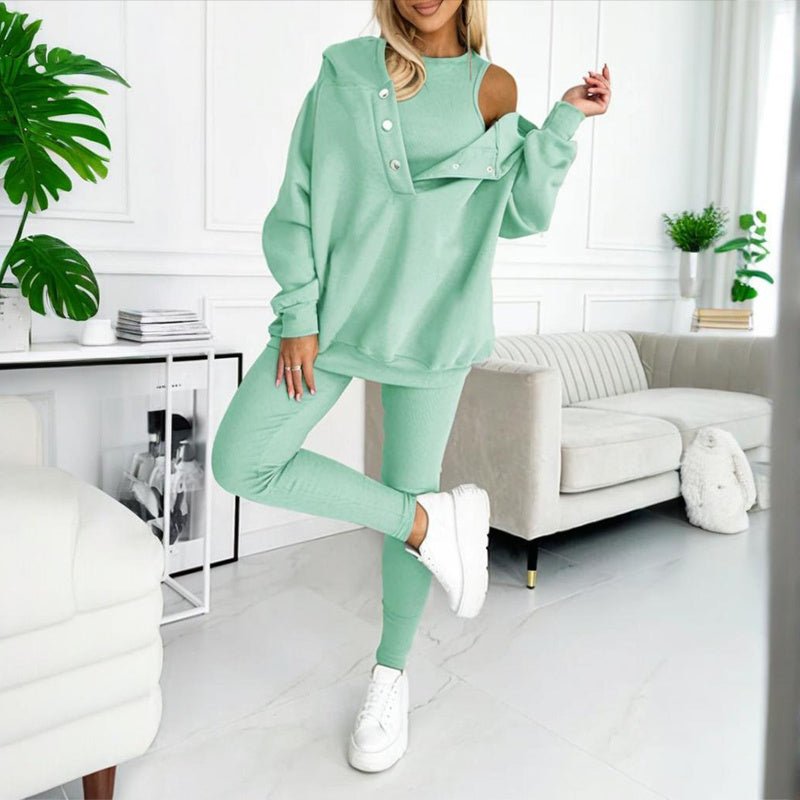 Women’s solid color three-piece casualwear set by FitiqueFit, including top, pants, and jacket, styled for comfortable everyday wear.
