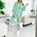 Women’s solid color three-piece casualwear set by FitiqueFit, including top, pants, and jacket, styled for comfortable everyday wear.