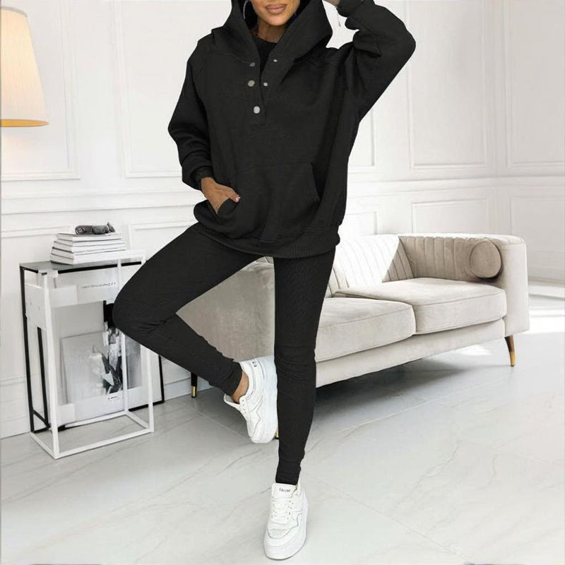 Women’s solid color three-piece casualwear set by FitiqueFit, featuring a top, pants, and jacket in a coordinated design.