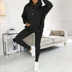 Women’s solid color three-piece casualwear set by FitiqueFit, featuring a top, pants, and jacket in a coordinated design.