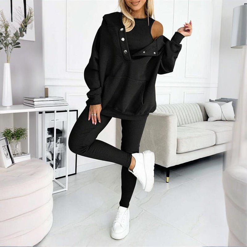 Women’s solid color three-piece casualwear set by FitiqueFit featuring a relaxed top, pants, and matching shorts.