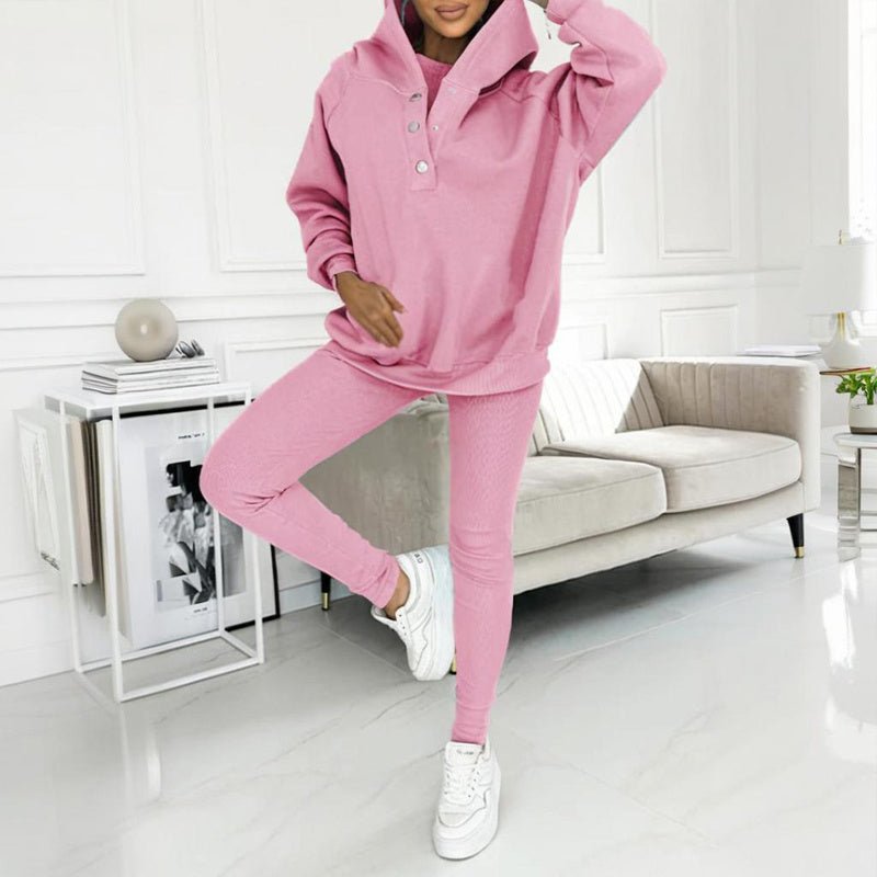 Women’s solid color three-piece casualwear set by FitiqueFit, featuring top, pants, and matching jacket in a stylish, coordinated look.