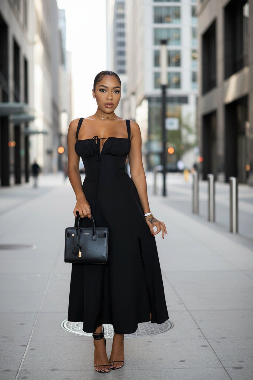 Women's solid-colored bustier casual dress with a slit and lace-up front, by FitiqueFit, perfect for relaxed, stylish wear.