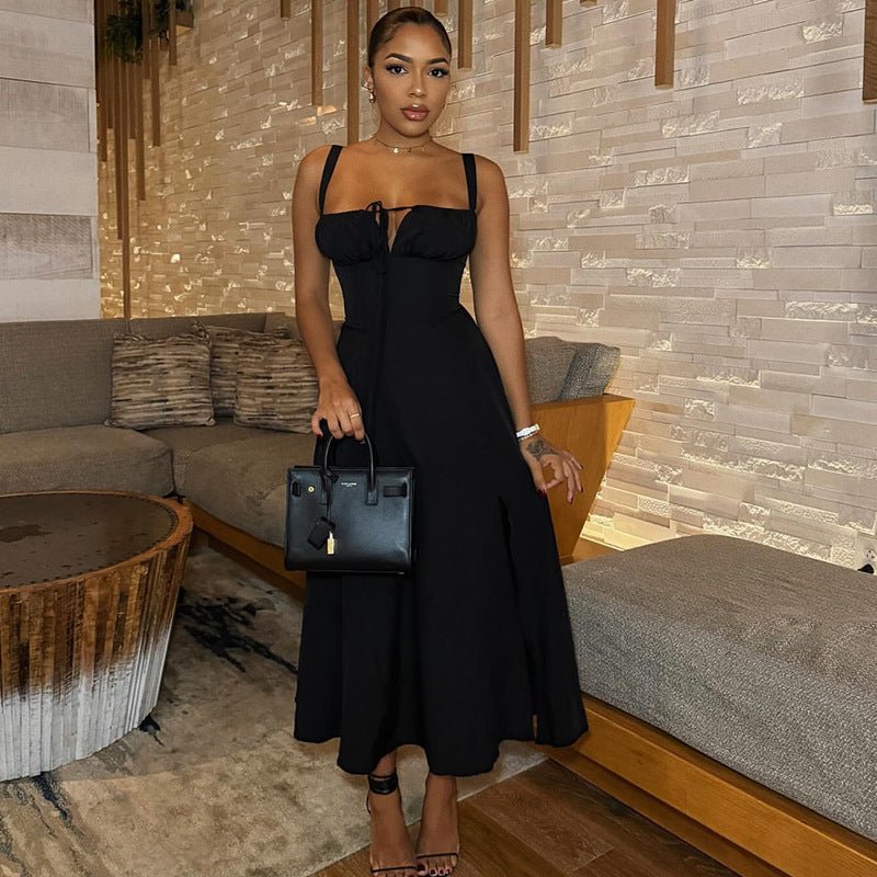 Women's solid-colored bustier casual dress with slit and lace-up detail by FitiqueFit, perfect for stylish everyday wear.