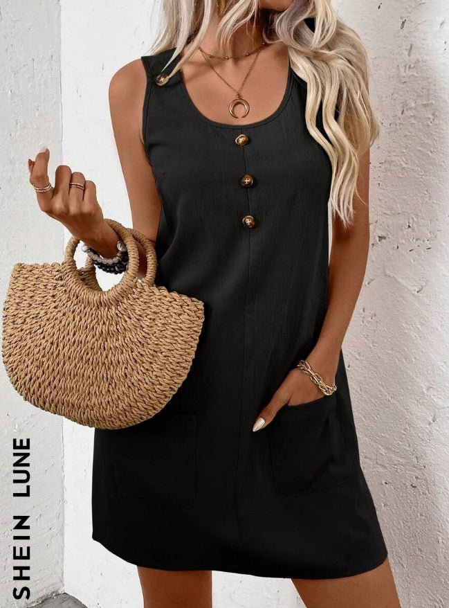 Women’s solid-color sleeveless A-line dress by FitiqueFit, casualwear, displayed on a model, perfect for warm weather and everyday wear.