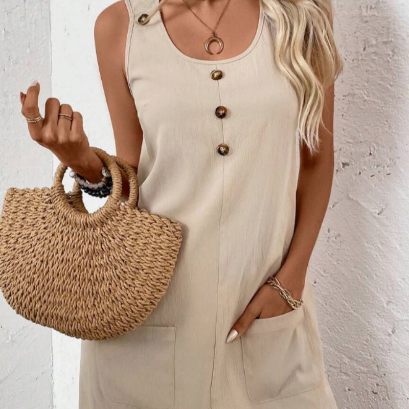 Women's solid-color sleeveless A-line dress by FitiqueFit, casualwear style, shown in a flowing, knee-length design.