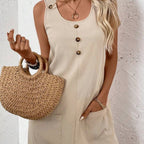 Women's solid-color sleeveless A-line dress by FitiqueFit, casualwear style, shown in a flowing, knee-length design.