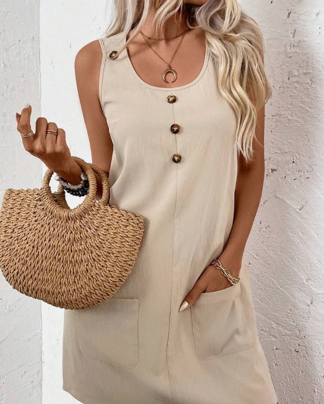 Women’s solid-color sleeveless A-line dress by FitiqueFit, casualwear with a flattering fit and simple style, shown on a model.