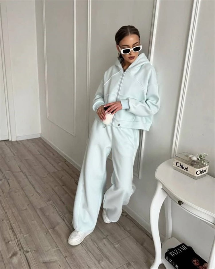 Women’s casual sportswear set with solid color cardigan and matching top and pants by FitiqueFit, designed for comfortable active wear.