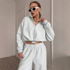 Women’s casual sportswear set by FitiqueFit, solid color cardigan and matching pants, comfortable and stylish for active wear.
