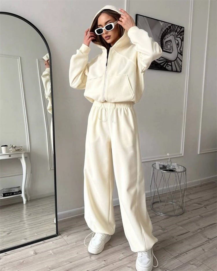 Women’s casual sportswear set by FitiqueFit featuring a solid color cardigan and matching comfortable pants.