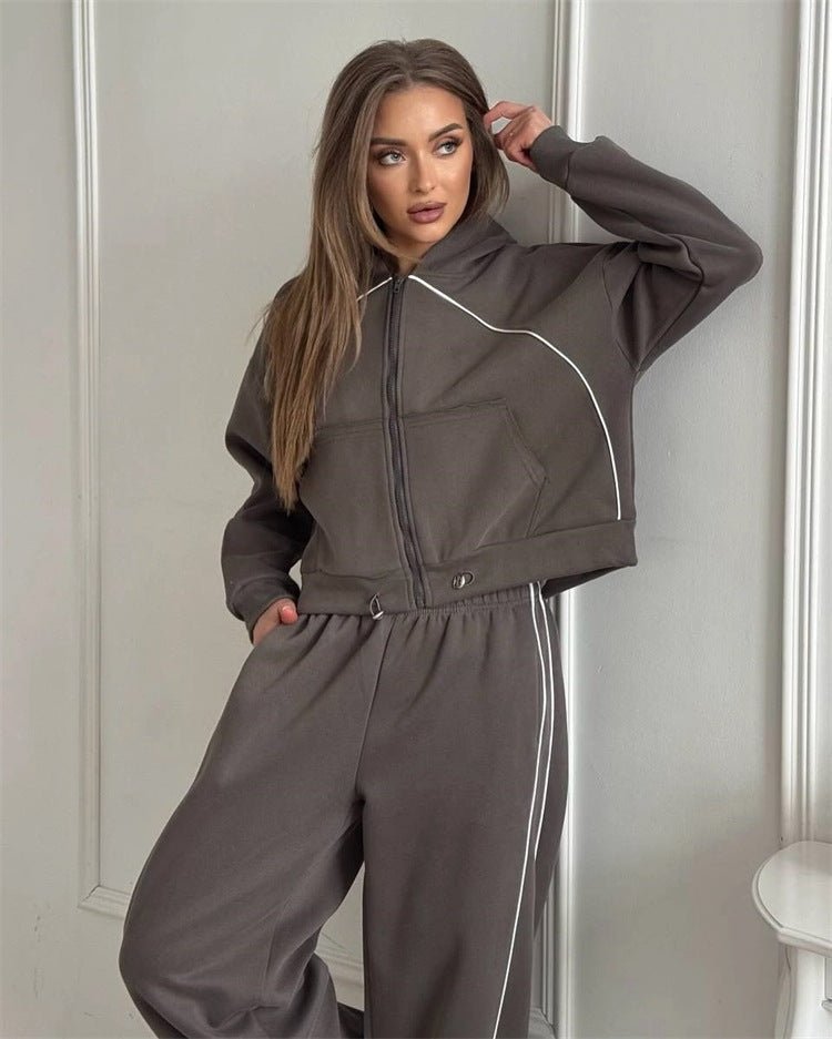 Women’s casual sportswear set by FitiqueFit, solid color cardigan with matching pants, comfortable and stylish activewear for women.