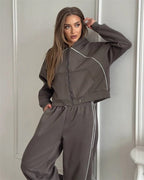 Women’s casual sportswear set by FitiqueFit, solid color cardigan with matching pants, comfortable and stylish activewear for women.