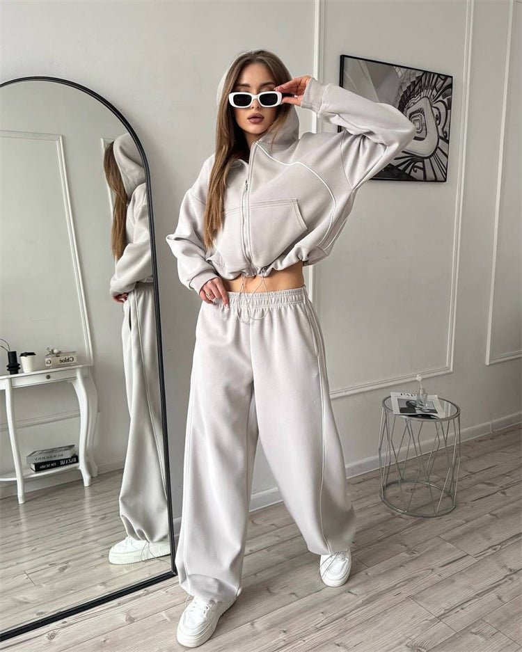 Women’s casual sportswear set by FitiqueFit featuring a solid color cardigan and matching workout top and pants.