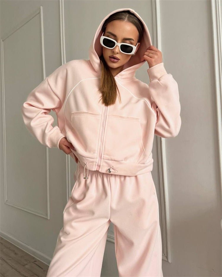 Women’s solid color cardigan sportswear set by FitiqueFit, featuring a casual, comfortable design perfect for activewear.