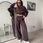 Women's casual sportswear set by FitiqueFit, solid color cardigan and matching pants for comfortable activewear.