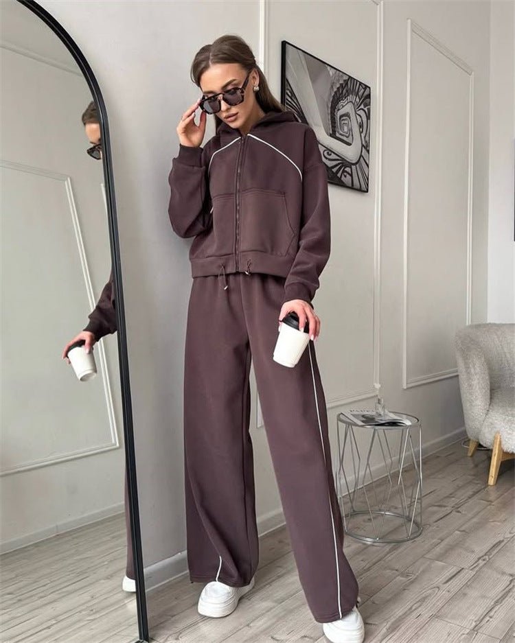 Women’s solid color cardigan set from FitiqueFit, casual sportswear for women, includes a cardigan and matching pants.