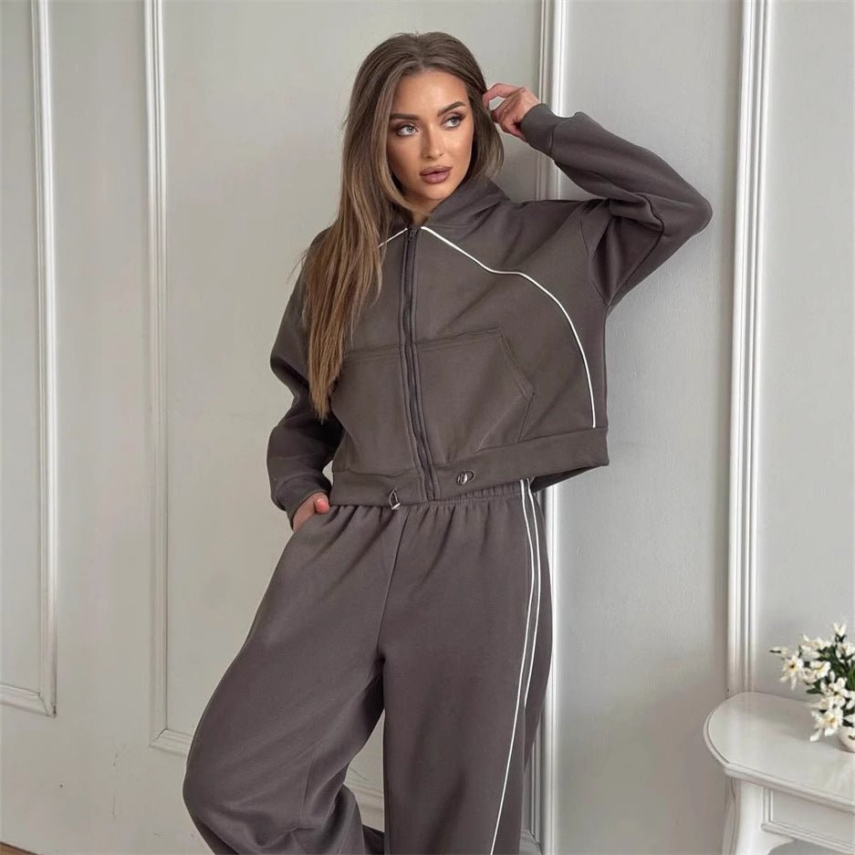 Women’s casual sportswear set by FitiqueFit, includes solid color cardigan and matching athletic pants, comfortable and stylish.