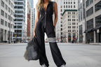 Women's FitiqueFit sporty retro lace-up sleeveless striped hooded jumpsuit with wide flare legs, casualwear perfect for active or leisure wear.