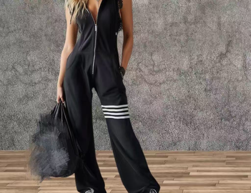 Women's FitiqueFit sporty retro sleeveless jumpsuit with striped pattern, lace-up front, hood, and wide flare legs for casual wear.