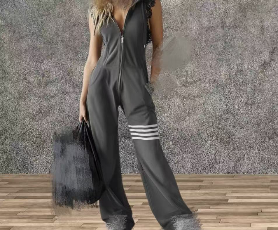 Women's FitiqueFit sporty retro sleeveless hooded jumpsuit with lace-up front, striped pattern, and wide flare leg casualwear.