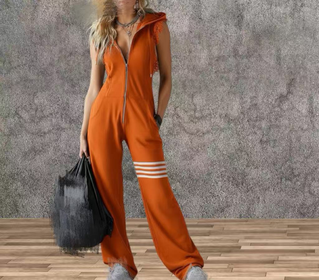 Women's FitiqueFit sporty retro sleeveless hooded jumpsuit with striped design and wide flare legs, perfect for casualwear.