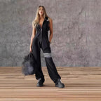Women's sporty retro sleeveless hooded jumpsuit with striped pattern, lace-up front, and wide flare legs by FitiqueFit.