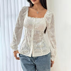 Women’s square neck eyelet lace blouse with puff sleeves and hollow-out button details, casualwear by FitiqueFit.