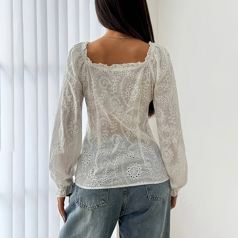 Women’s square neck eyelet lace blouse with puff sleeves and hollow-out buttons, casual fit by FitiqueFit.