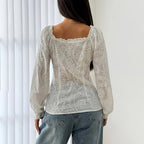 Women’s square neck eyelet lace blouse with puff sleeves and hollow-out buttons, casual fit by FitiqueFit.