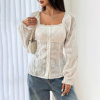 Women’s square neck eyelet lace blouse with puff sleeves and hollow-out button details, casualwear by FitiqueFit.