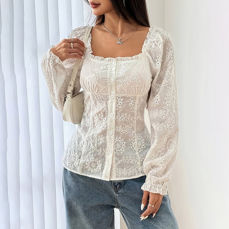 Women’s square neck eyelet lace blouse with puff sleeves and hollow-out button details, casualwear by FitiqueFit.
