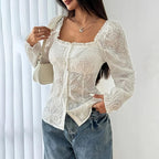 Women’s square neck eyelet lace blouse with puff sleeves and hollow-out details by FitiqueFit, perfect for casualwear.