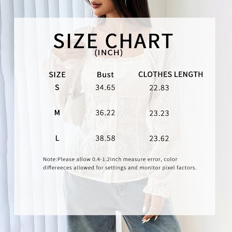 Women’s square neck eyelet lace blouse with puff sleeves and hollow-out button detail, casualwear top by FitiqueFit.