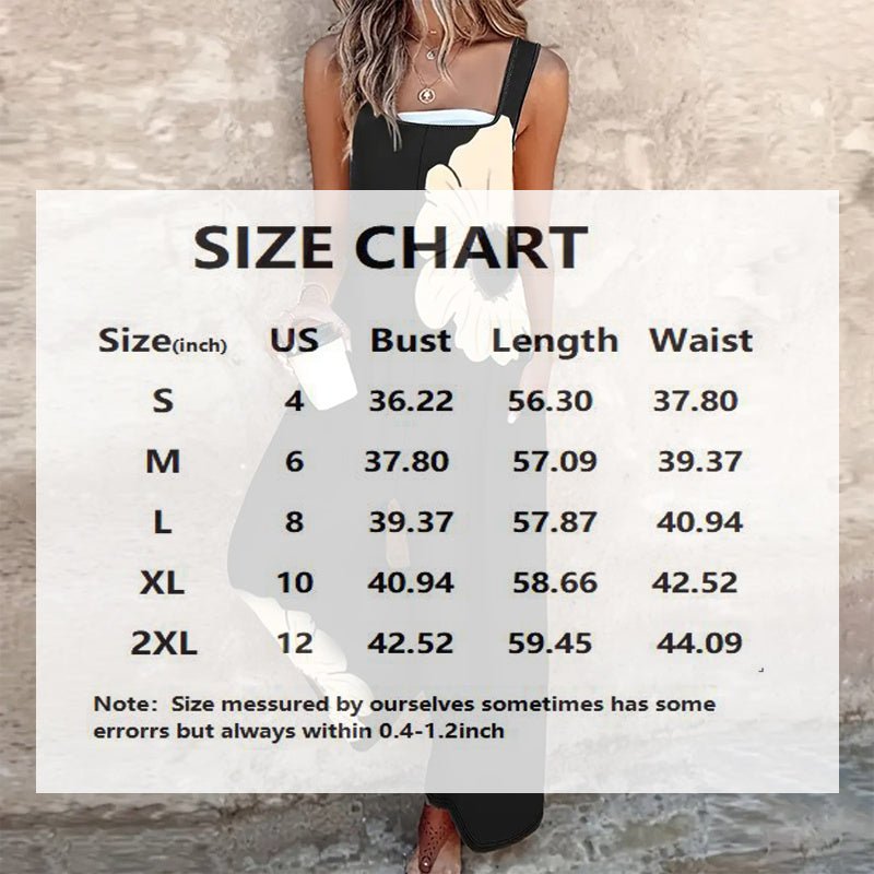 Women’s floral sleeveless jumpsuit with square neck, casual FitiqueFit brand, showing a vibrant floral pattern and sleeveless design.
