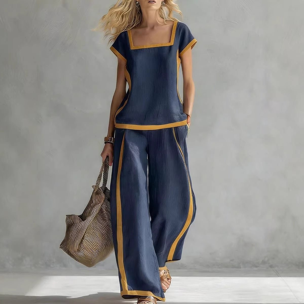 Women’s casualwear two-piece pants set with square neck short sleeves by FitiqueFit, featuring a stylish and comfortable design.