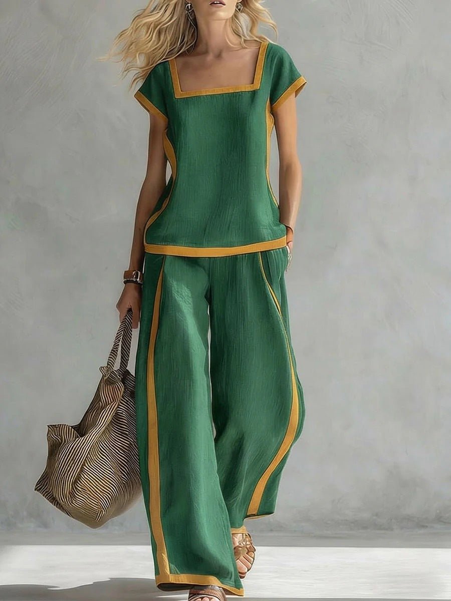 Women's square neck short sleeve two-piece pants set by FitiqueFit, featuring a casual, stylish design with a matching top and pants.