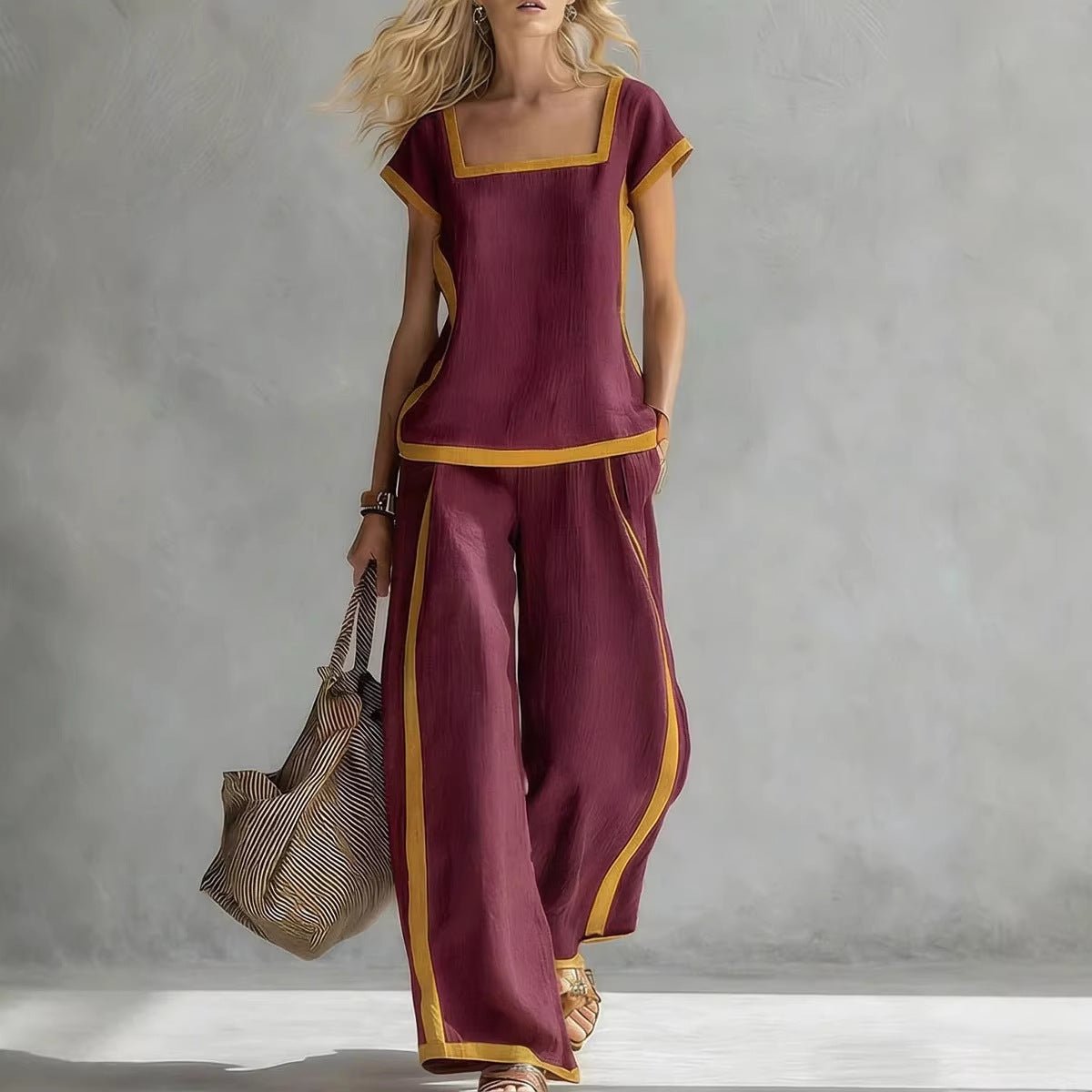Women’s square neck short sleeve two-piece pants set from FitiqueFit, casualwear with a stylish top and matching pants.