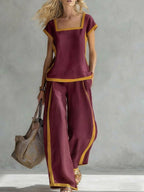 Women’s square neck short sleeve two-piece pants set by FitiqueFit, casualwear with a stylish top and matching pants.