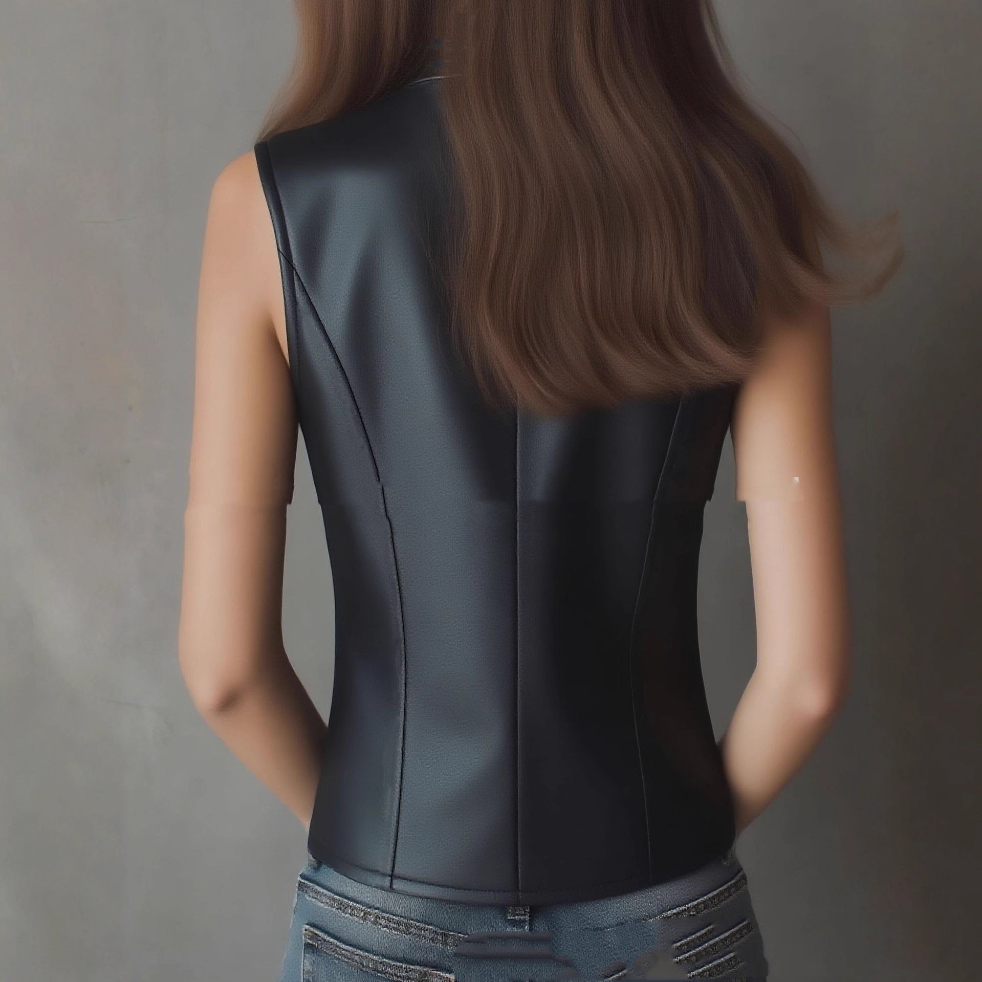 Women’s slim fit crop top with stand collar and backless design, casualwear by FitiqueFit, shown on a woman against a neutral background.