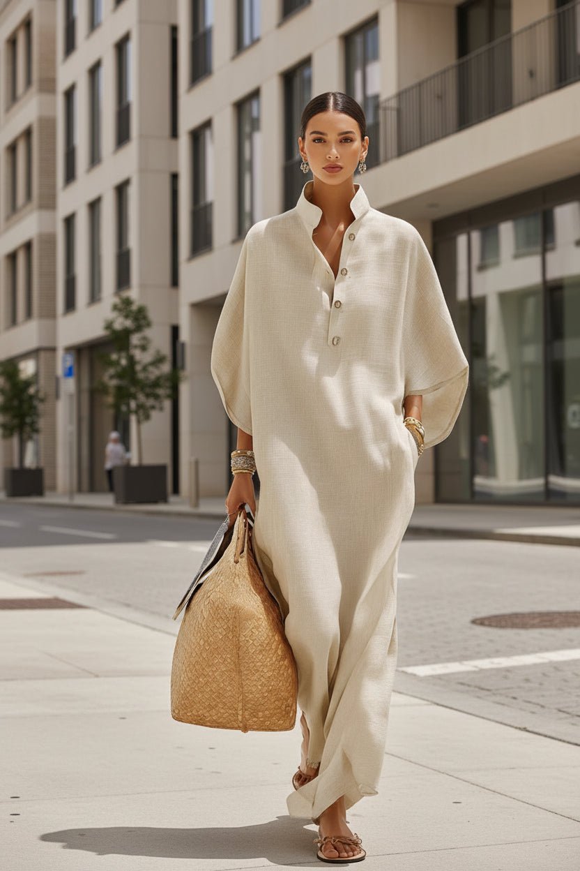 Women’s loose straight long dress with stand collar and button-down front, casualwear by FitiqueFit.