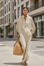 Women’s loose straight long dress with stand collar and button-down front, casualwear by FitiqueFit.