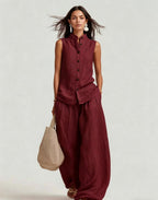 Women's casualwear set with a stand collar sleeveless top and high-waist wide-leg pants by FitiqueFit.