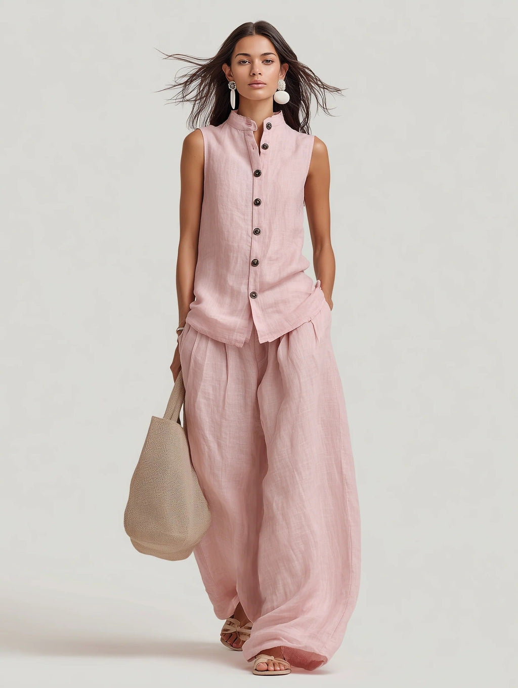 Women's casualwear set by FitiqueFit featuring a stand collar sleeveless top and high-waist wide-leg pants, stylish and comfortable.