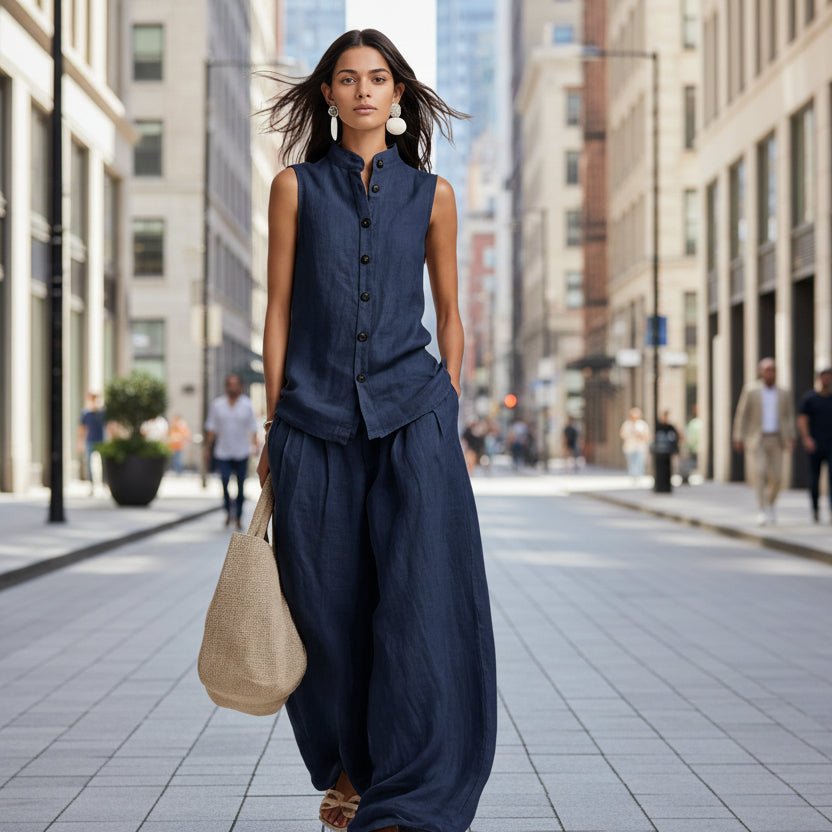 Women's sleeveless stand collar top and high-waist wide-leg pants set by FitiqueFit, casualwear outfit, light fabric, stylish and comfortable.