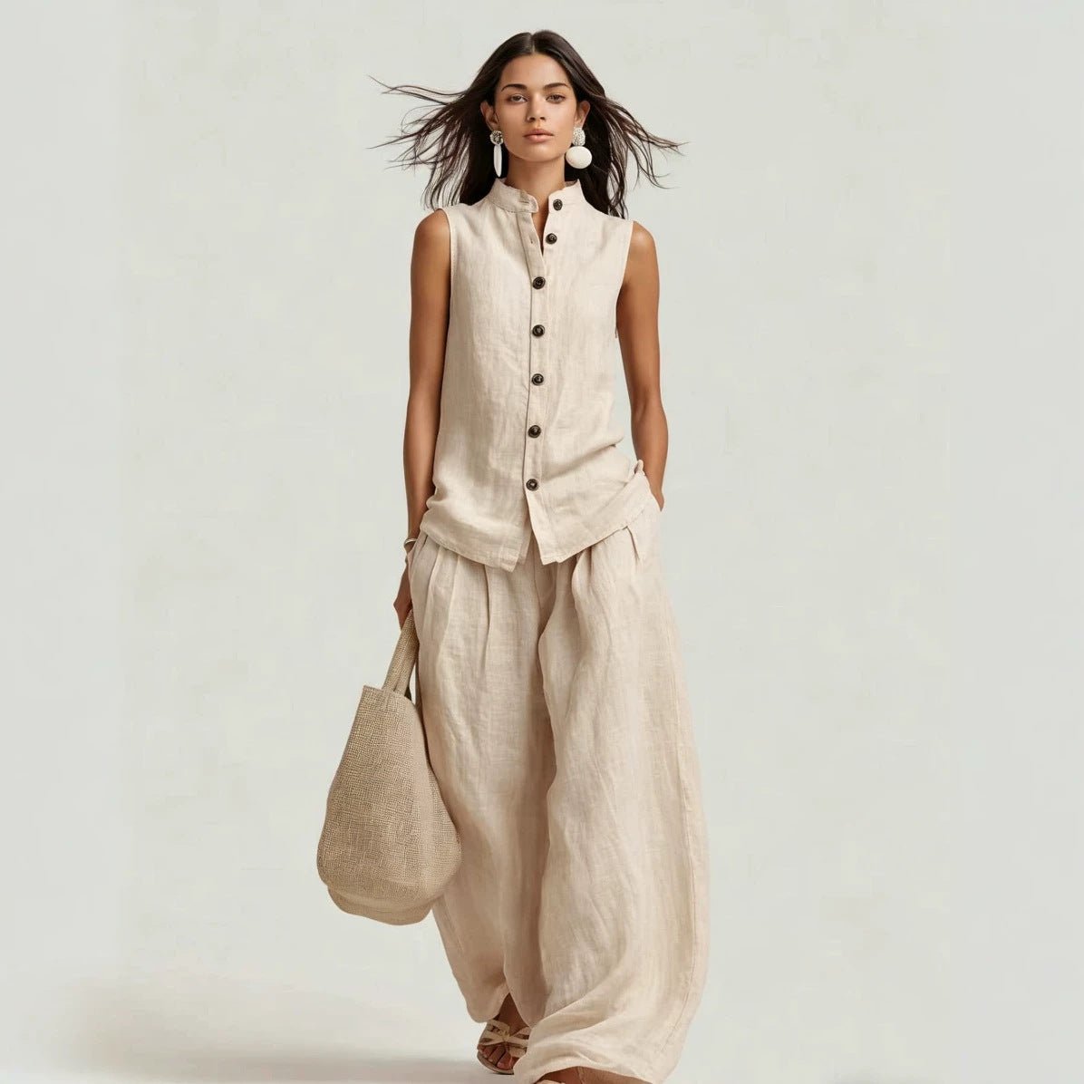 Women’s casualwear set from FitiqueFit featuring a stand collar sleeveless top and high-waist wide-leg pants, stylish and comfortable.
