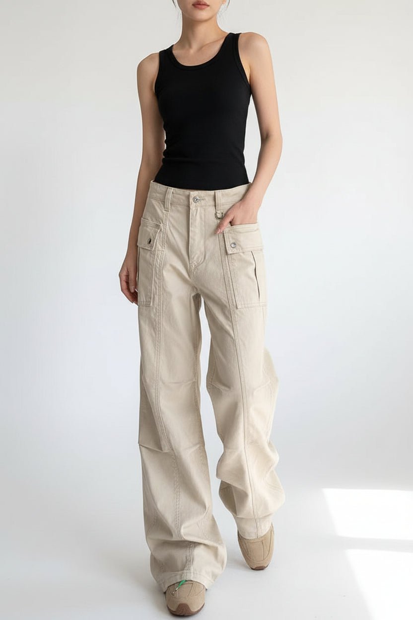 Women's straight leg slightly flared washed casual pants by FitiqueFit, featuring a relaxed fit and casual denim style.