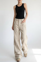 Women's straight leg slightly flared washed casual pants by FitiqueFit, featuring a relaxed fit and casual denim style.