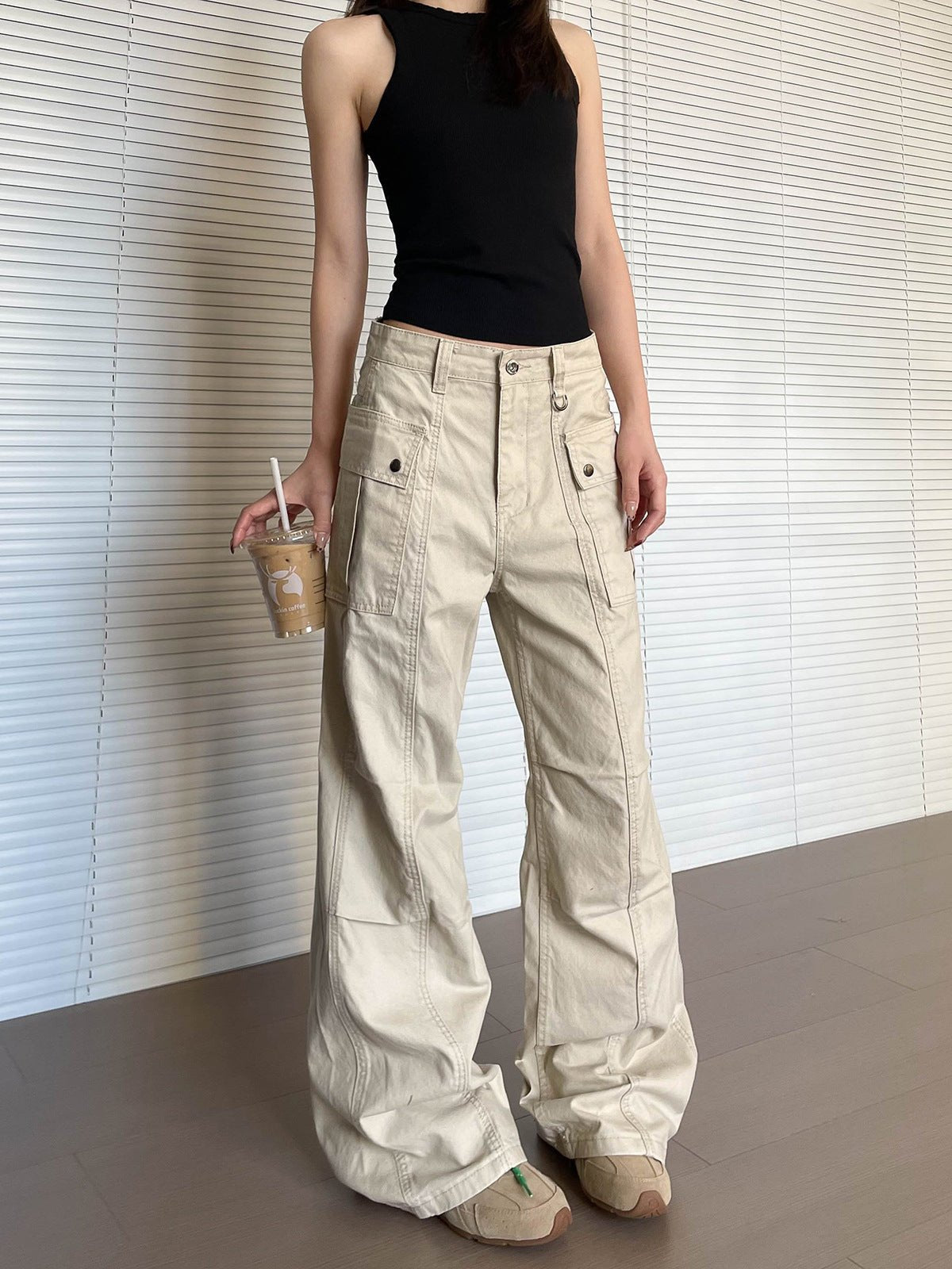 Women's straight-leg slightly flared washed casual pants by FitiqueFit, showcasing relaxed fit and casual style in a natural pose.